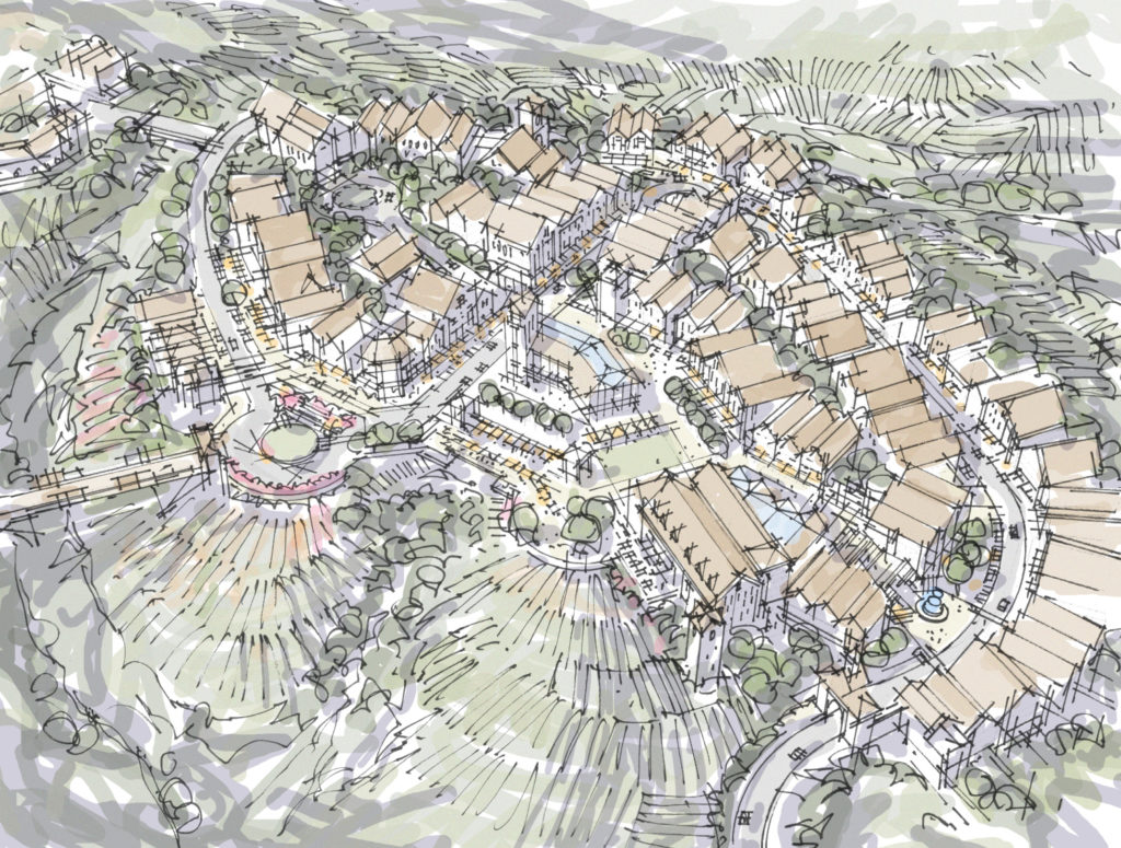 Study for layout of hilltop town center surrounded by vineyards.